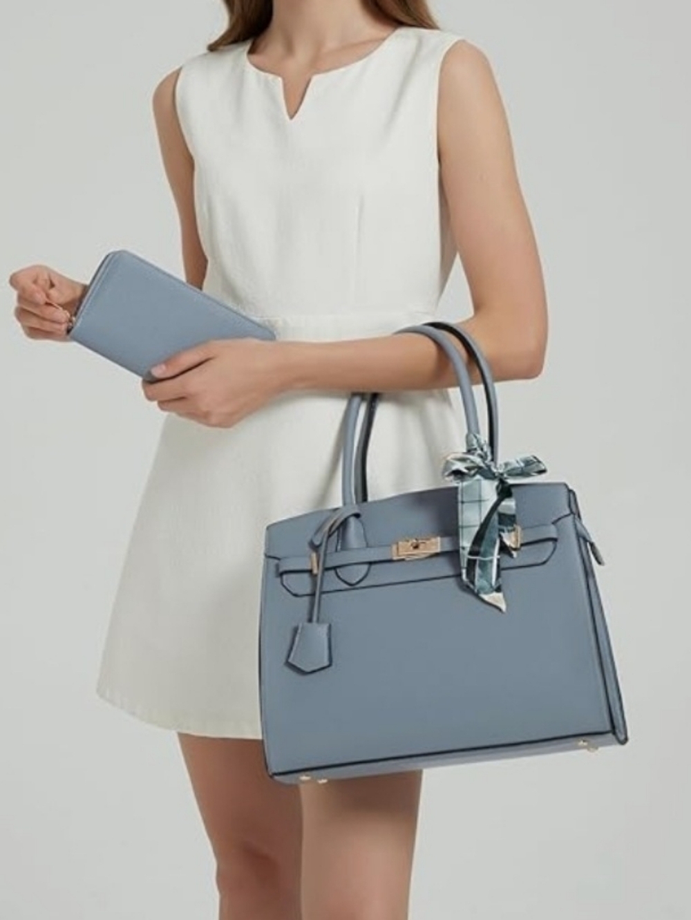 2pcs Elegant Blue Structured Vegan Leather Satchel Bag & Matching Wallet